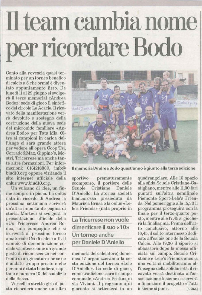 Il Team cambia nome per ricordare Bodo - Articolo uscito su  La Stampa del  11-06-2012